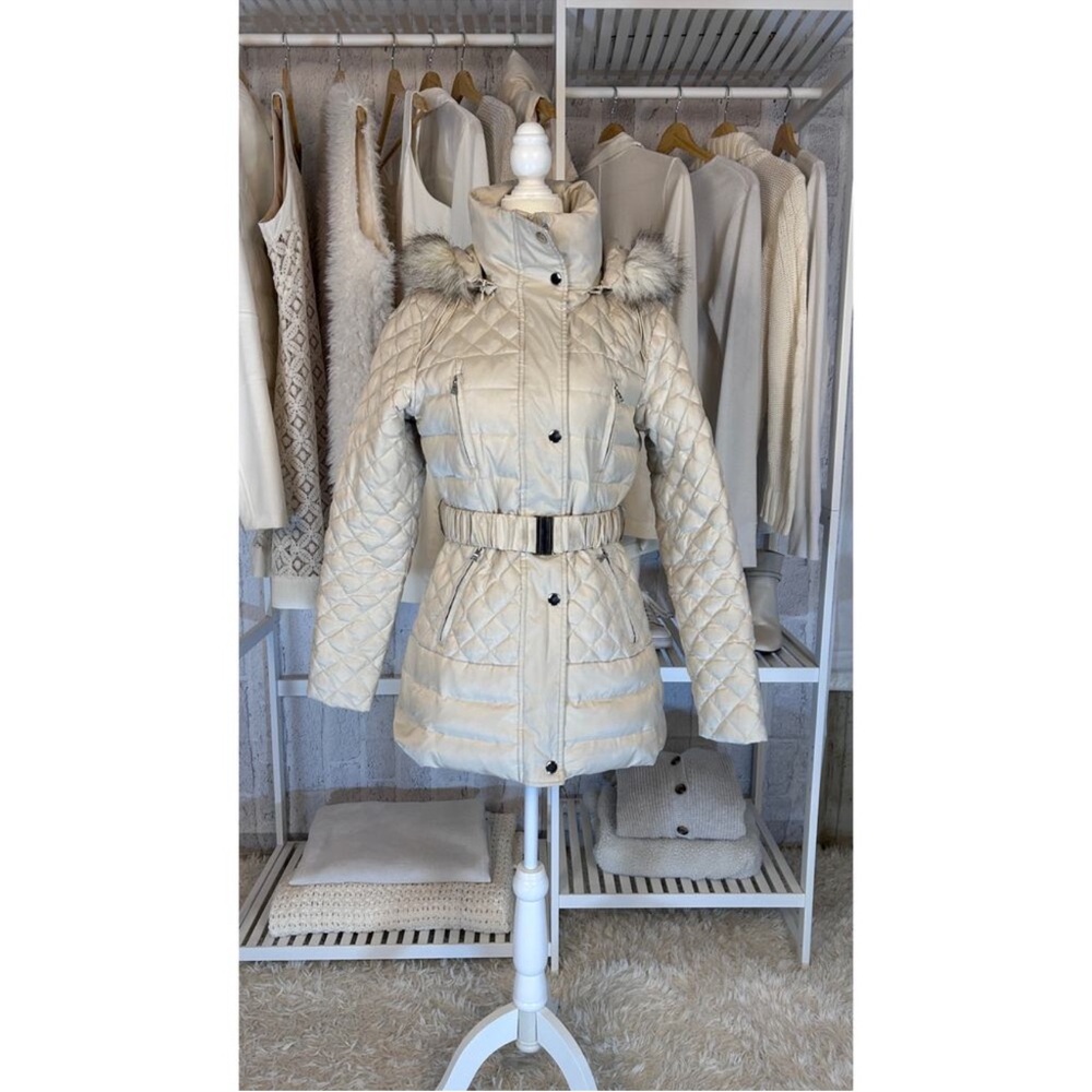 Moda International Womens Cream Quilted Down Coat w/ Detachable Hood, size Small